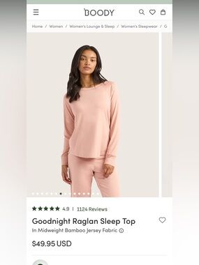 BOODY Goodnight Raglan Sleep Top - Dusty Rose Pink